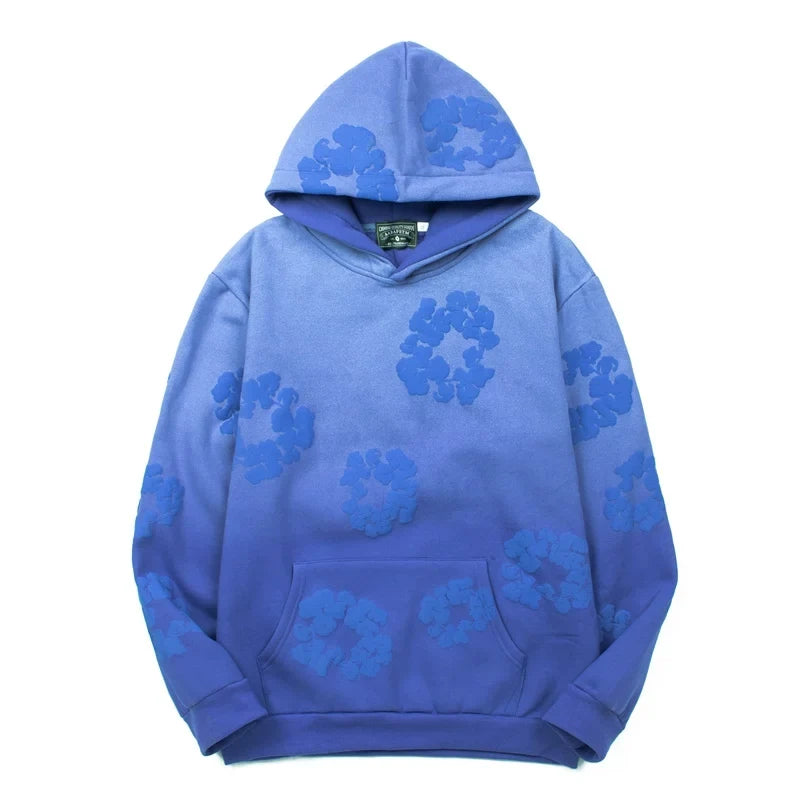 "Denim Tears" Blue Ombre Floral Pattern Oversized Hoodie